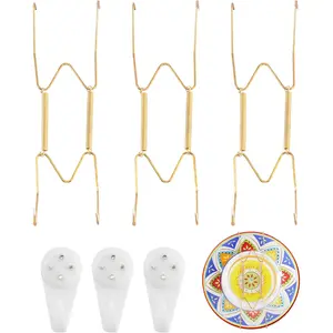 3 Pack Invisible Heavy-Duty Stainless Steel Plate Hangers for Wall, Fits 8-10 inch Art Decorative Plates Dishes Platters, Wire Holder with Wall Hooks for Display Gold