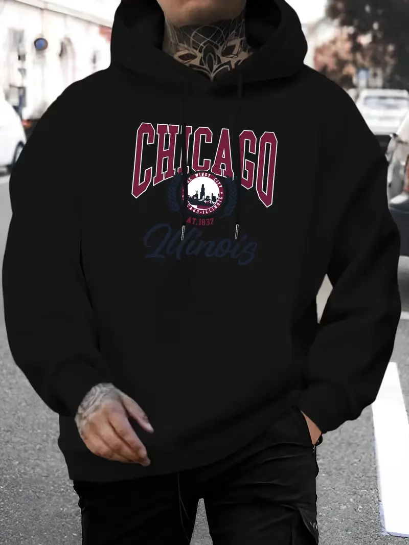 Chicago Illinois City Badge Graphic Hoodie, Vintage College Letter Hoodie, Casual Daily Outfit, Holiday Gift, Vintage Retro All‑Season Style
