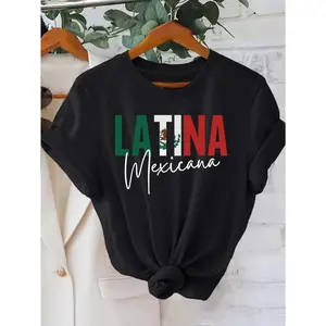 Women's Latina Mexicana Graphic T-Shirt - Black Short Sleeve Crew Neck Casual Top with Bold Letter Print & Mexican Flag Design, Perfect for Spring & Summer, Stylish Casualwear | Shoulderbaring Top | Stretchy Polyester Blend