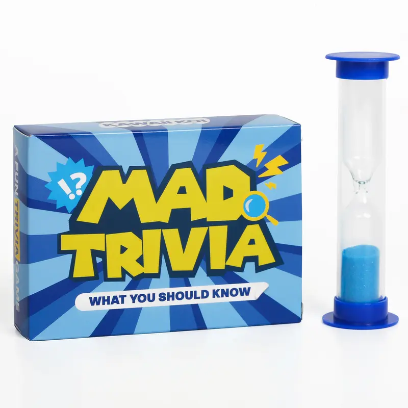 MAD TRIVIA Trivia Game with Sand Timer About Things You Oughta Know - Fun Fast-Paced Quiz Card & Board Game with 200+ Questions for 14+, Family Road Travel Game for The Pursuit of Trivial Knowledge