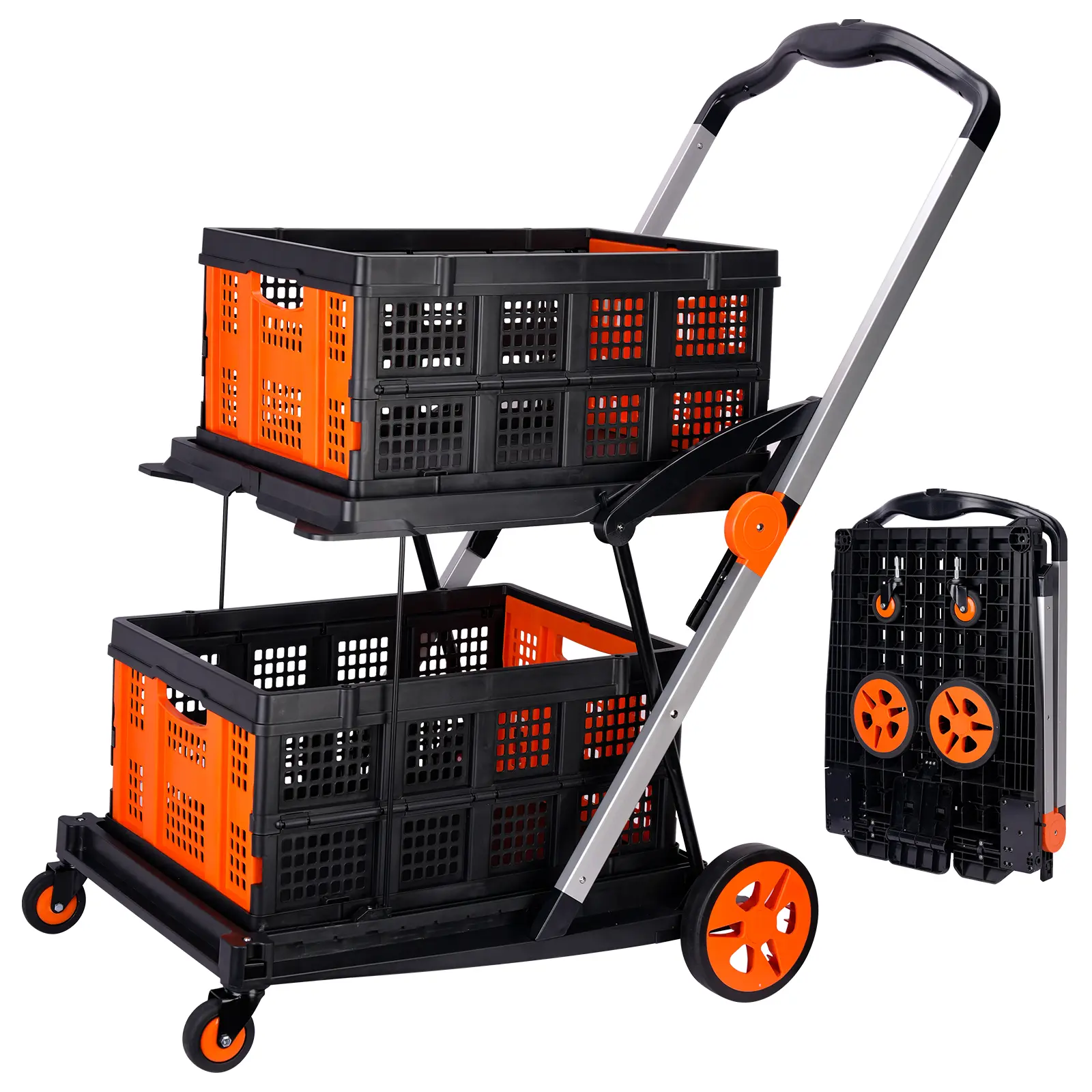 FASTWING Foldable Shopping Cart with Two Collapsible Crates on Wheels Foot Brake for Groceries Office Warehouse Supermarket, Folding Trolley, Portable