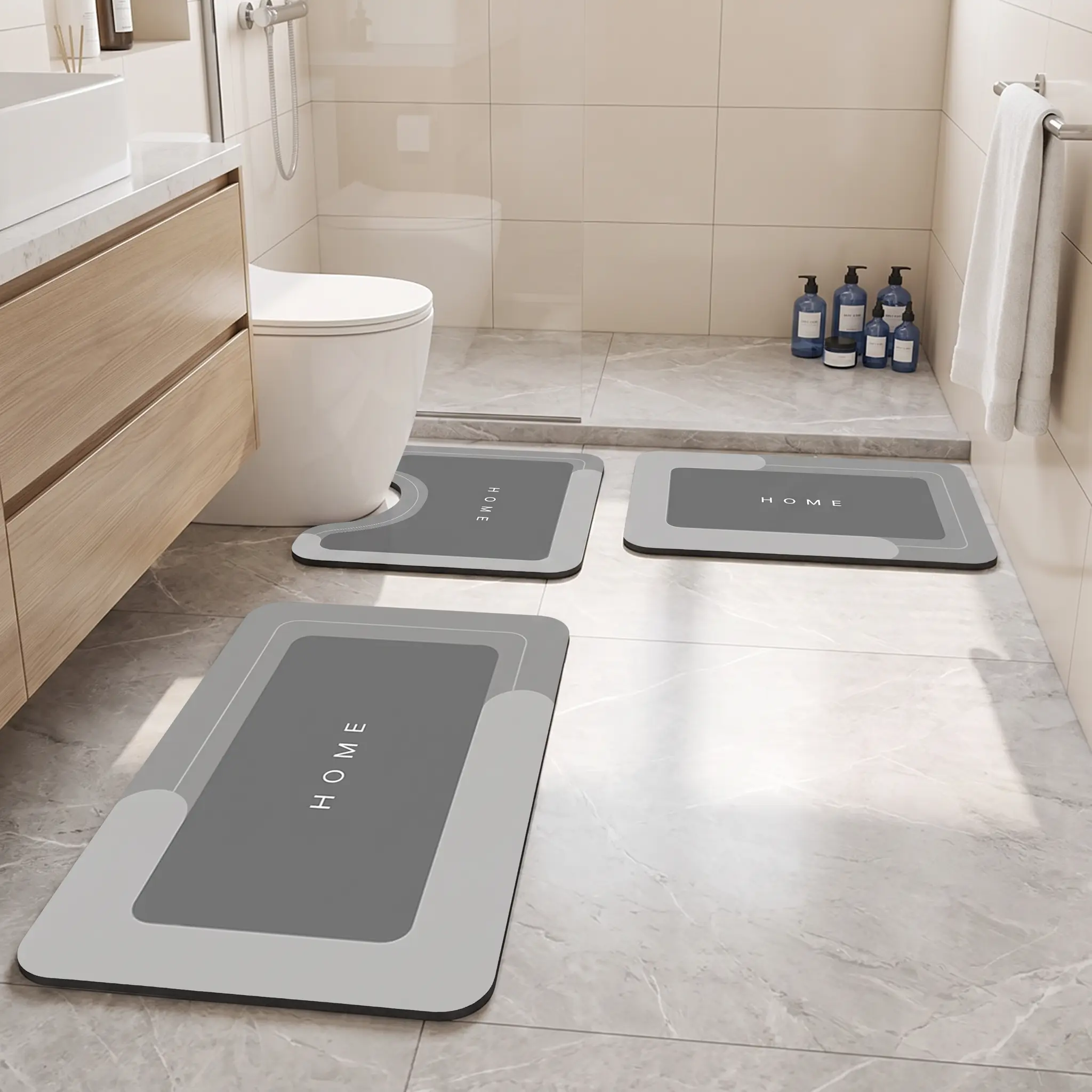【SummerWins】3Pcs Silicone Diatomaceous Earth Bath Mat Set, Absorbent Non-Slip Floor Mats, Shower & Bathroom