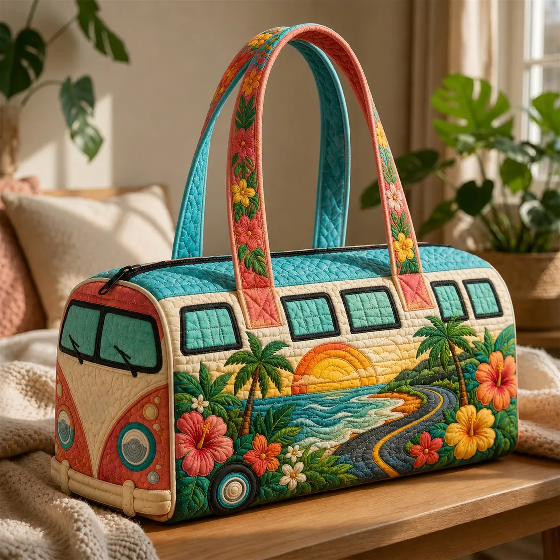 Tropical Quilted Duffle Bag for Women, Beach Weekender Travel Tote with Palm Tree & Sunset Design, Large Carry On Overnight Bag for Vacation, Gym & Road Trips