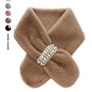 ASANDY Faux Fur Scarf for Women, Pearl Decorated Winter Warm Neck Wrap, Soft Fuzzy Neck Warmer Scarves with Multiple Colors for Cold Weather Outfits