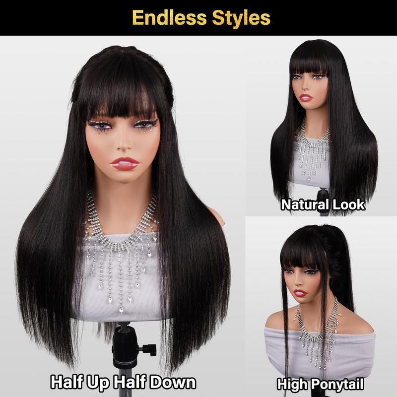 OQ HAIR Body Wave Wigs with Bangs Human Hair Wigs for Women None Lace Front Wigs 200% Density Brazilian Virgin Hair Glueless Machine Made Wig Natural Color