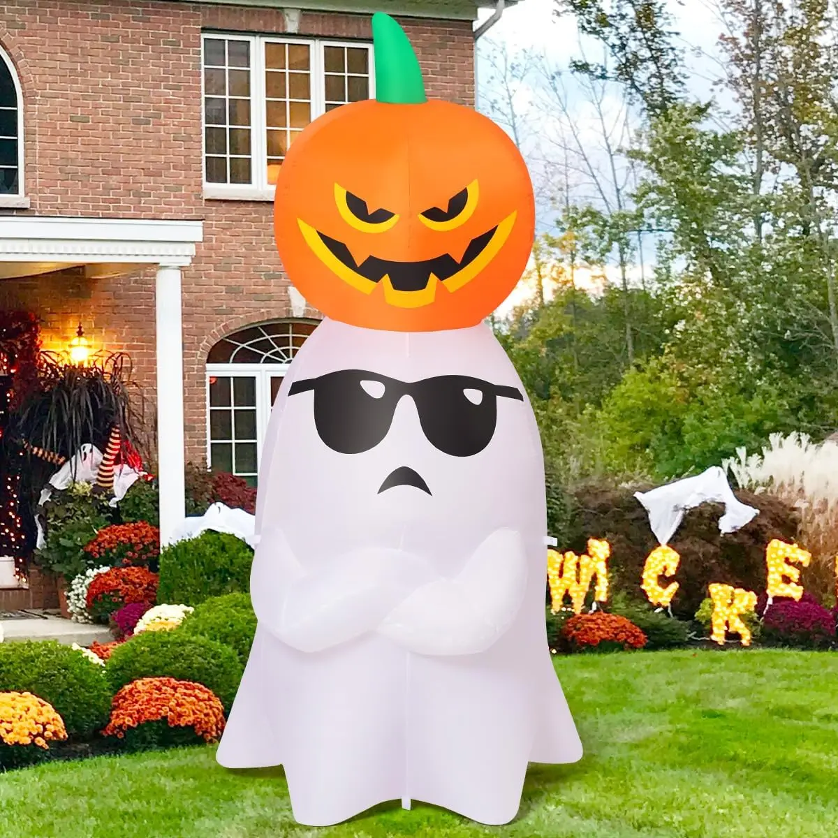 6.2ft Halloween Inflatable Ghost with Pumpkin Decoration - with Built-in LEDs, Spooky Style - Cute Blow Up Ornament for Porch, Lawn