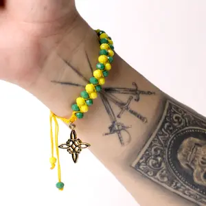 Witch's Knot Wealth & Luck Bracelet - Heavy-Duty Design Handcrafted with Premium Faceted Crystal Beads in Green & Yellow for Prosperity and Good Fortune