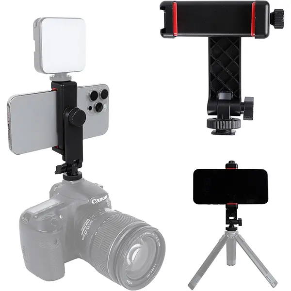 Phone Tripod Mount Adapter, with Cold Shoe&1/4" Hole for Tripod/Selfie Stick/Camera Stand, 360° Rotates Adjustable Phone Clip Clamp Holder for iPhone/Samsung/All