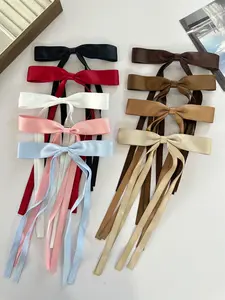 Random 4 pieces of satin ribbon bow duckbill clip, multi-color side hair clip at the back of the head, ponytail long ribbon hair accessory, suitable for daily outdoor hairstyle decoration accessories, wearing hair clips Barrettes
