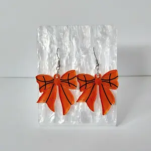 #345 Bow with Baseball, Football, or Basketball Design Earrings, Sports, Athlete, Casual, Acrylic, Game Day