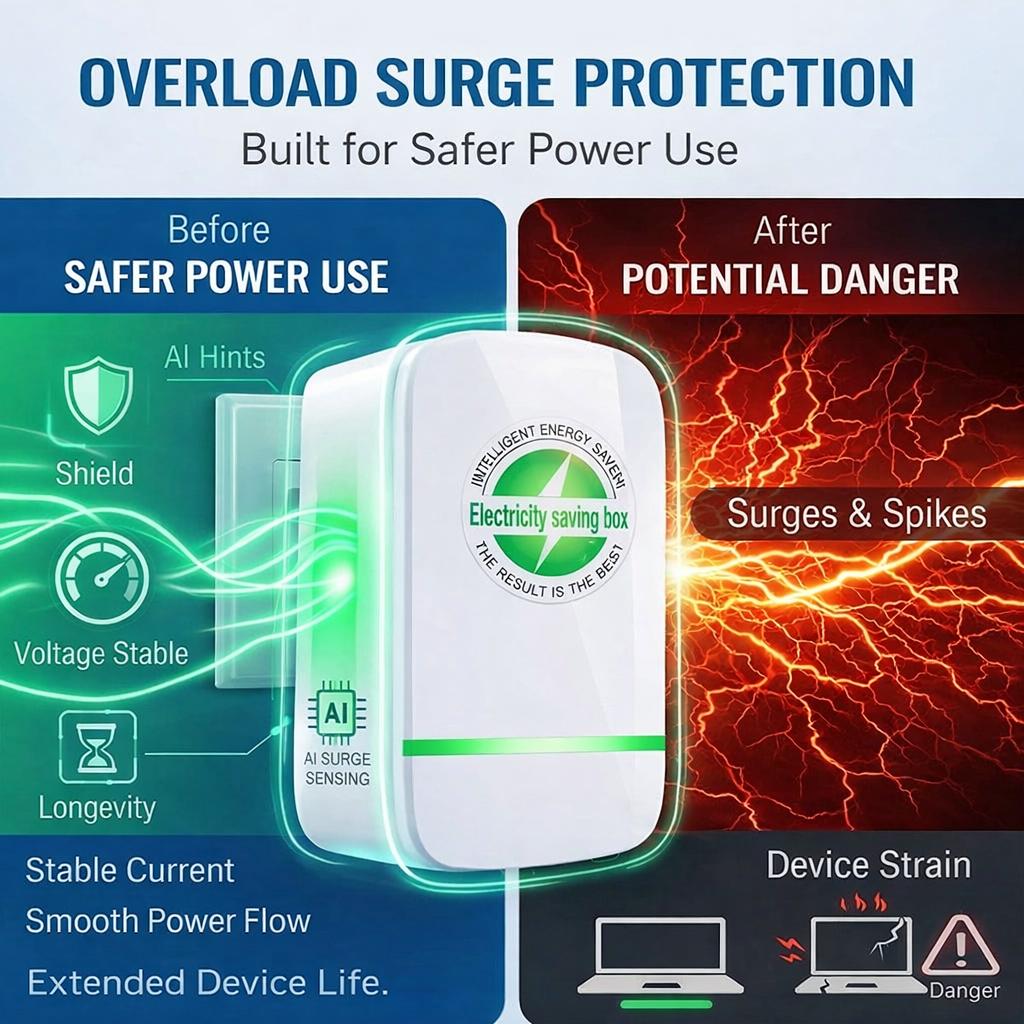 Electricity Saving Box Energy Saving Device Smart Save Plug Power Saver Voltage Optimization Surge Protection Thermoregulation Outlet Home Office Compact Plug and Play Energy Efficiency