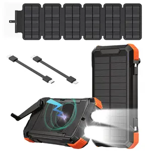 Domars 20000mAh Foldable Solar Power Bank with 6 Panels Dual LED Lights & Wireless Charging for iPhone 17/16/15/14/13/12/11/X/XR/8 & Type-C Devices Ideal for Camping Hiking Charger Flashlight and Compass