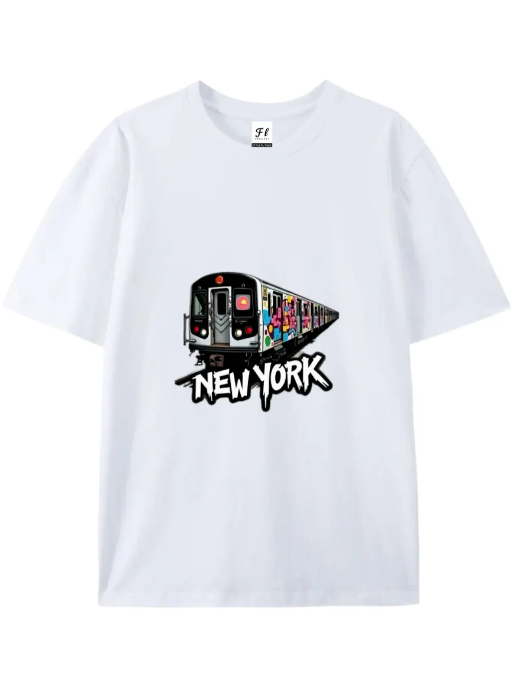 Urban Hip Hop Graffiti Letter New York Color Painted Subway Train Graphic Crew Neck T-Shirt, 230GSM 100% Combed Cotton Breathable Daily Summer White Tee, Unisex Casual Gift Top For NYC Travelers & Street Art Lovers