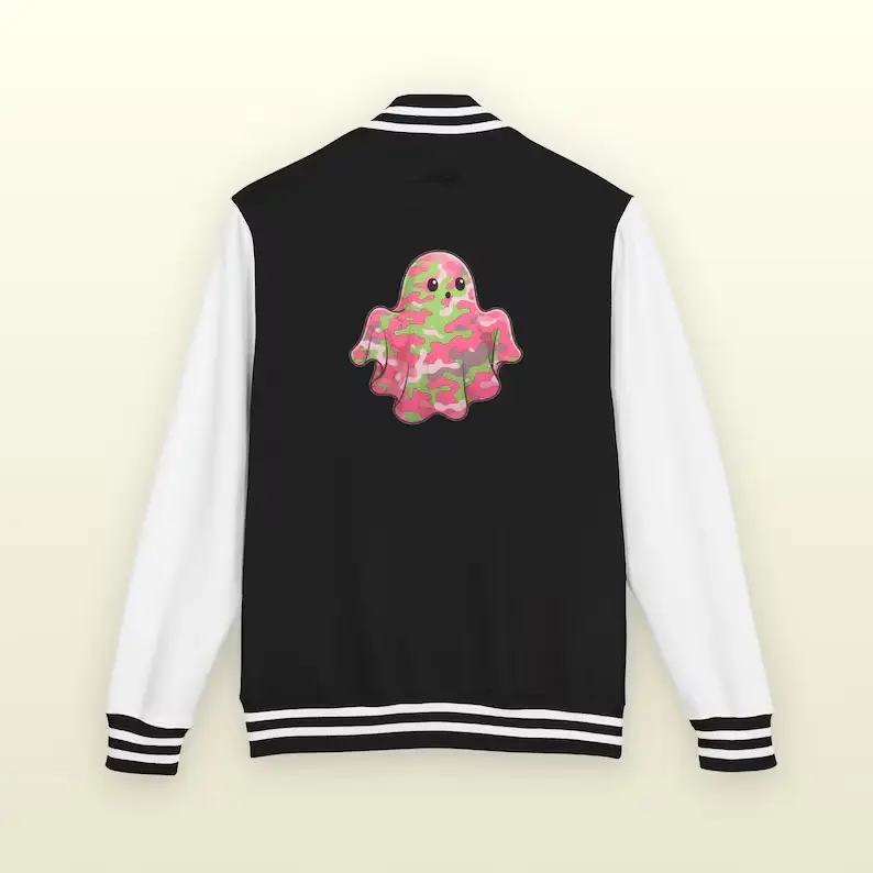 Pink Green Camo Ghost Letterman Jacket, Personalized Varsity with Text, Spooky Halloween Outerwear, Retro Custom Name, Fall Spirit Wear