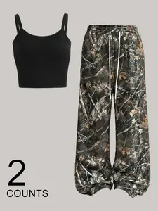 Two-Piece Set Women's Camo Print Crop Tank Top & Wide Leg Pants Set, Casual Sleeveless Top & Trousers for Daily Wear, Ladies Summer Clothes, Pajama