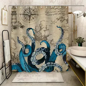 Vintage Octopus Pattern Shower Curtain, 1 Count Waterproof Bathroom Curtain with Hook, Bathroom Decor Supplies for Home, Hotel, Apartment, Dorm, Spa, Restroom