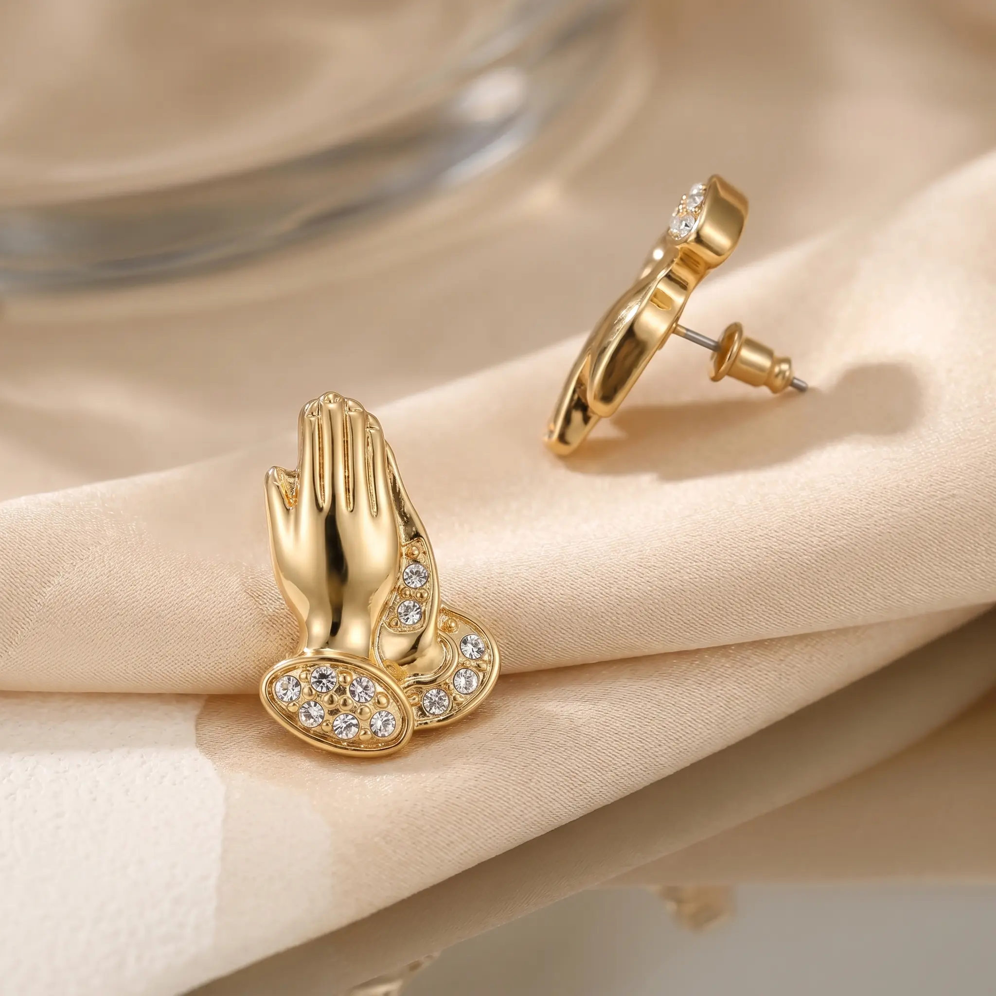 Vintage Embossed Prayer Hands Zircon Studs, Faith Symbol Sparkling Rhinestone Religious Ear Jewelry