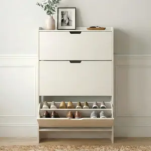 52" Tall Slim Shoe Cabinet, 3-Drawer Flip Down Hidden Shoe Storage with Top Fence & Open Bottom Shelf, Ultra-Thin Narrow Shoe Rack, White Wood Grain