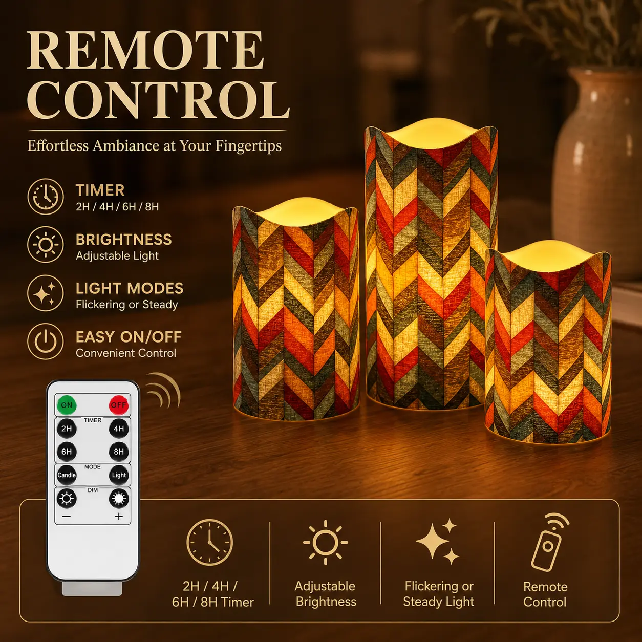 Flameless LED Candles with Remote, Boho Pattern Decorative Candle Lights, Battery Operated Warm Glow Candles with Timer & Dimming for Home Decor