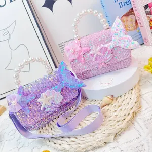 Cute Girls Crossbody Bag, Cartoon Sequins Butterfly Handbag with Fishtail & Pearl Decor, Children's Mini Shoulder Purse