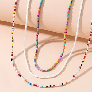 3PCS Bohemian vacation-style rice bead necklace, a fashionable and simple ladies' accessory, suitable for daily and party wear
