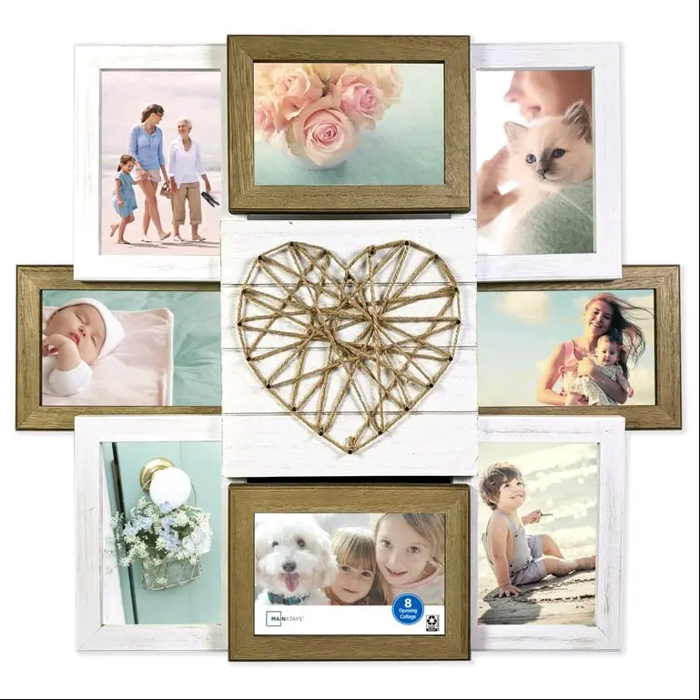 Rustic Wood 20x18 8-Opening String Heart Picture Frame with Heart Design and Natural Wood Finish Decor Light