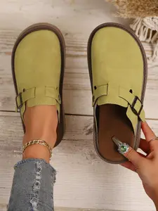 Women's Solid Color Buckle Design Slip on Walking Shoes, Casual Comfortable Non-slip Slip on Shoes for Daily Wear, Female All-match Round Toe Shoes for Daily Wear, Girl, Classic Clog, Footwear