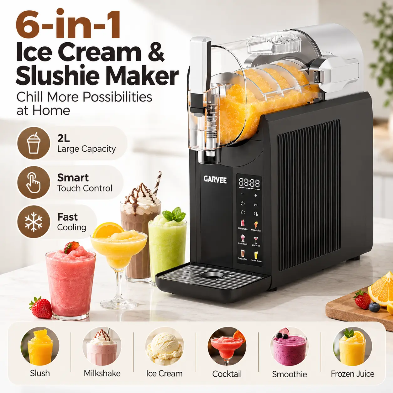 【GARVEE】 6-in-1 Slushie & Ice Cream Maker, 2L Smart Frozen Drink Machine for Milkshakes, Cocktails, Slushies & Homemade Frozen Treats