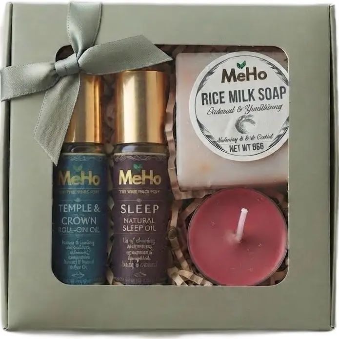 MeHo Calm & Comfort Self-Care Fragrance Combo Gift Set - Healthcare, Fitness Aromatherapy Kit with Essential Oils, Rice Milk Soap, Candle | Relaxation Wellness Gift