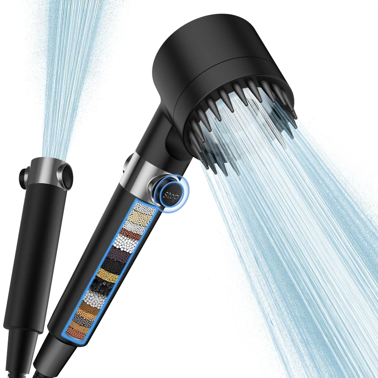 Filtered Shower Head with Handheld, High Pressure 3 Spray Mode Showerhead with Filters, Water Softener Filters Beads for Hard Water-Black