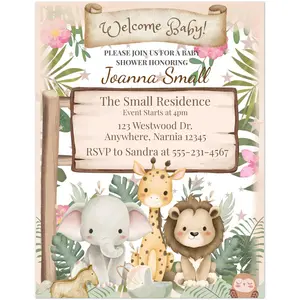 Jungle Themed Baby Shower Invitations - Pack of 10 - Eco-Friendly Cards with Foil Accents