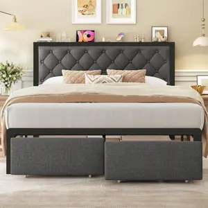 Grey All-Metal Bed Frame with 2 Storage Drawers, Tufted Upholstered Headboard, Charging Post, No Springs, No Noise