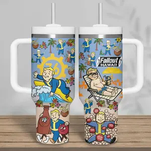 Fallout Hawaii Vault Boy 40oz Tumbler with Handle | Tropical Gamer Insulated Water Bottle | Nuka Cola Fan Gift | Premium Quality Travel Mug