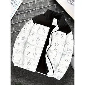 Bmuvlss Oversized Men G Print Zip Up Jacket Winter Going Out Black Bubble Coat, For Friends. Husband, Boyfriend Gifts, Men Winter Jacket, Men Outerwear, Cheap Jackets For Men Coat For Men Halloween Clothes Halloween