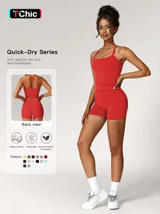 Two-piece Set Women's Solid Backless Cami Top & High Waist Shorts Tracksuit Set, Sleeveless Spaghetti Strap Crop Top & Skinny Shorts, Ladies Sportswear for Indoor Outdoor Wear, Gym Wear