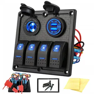 6 Gang Marine Boat Rocker Switch Panel Waterproof + USB Switch, 12 Volt RV Led Switch Panel for Marine Boat Car Truck, Digital Voltmeter Display QC3.0 Dual USB Charger Port DC 12V Socket 12/24V