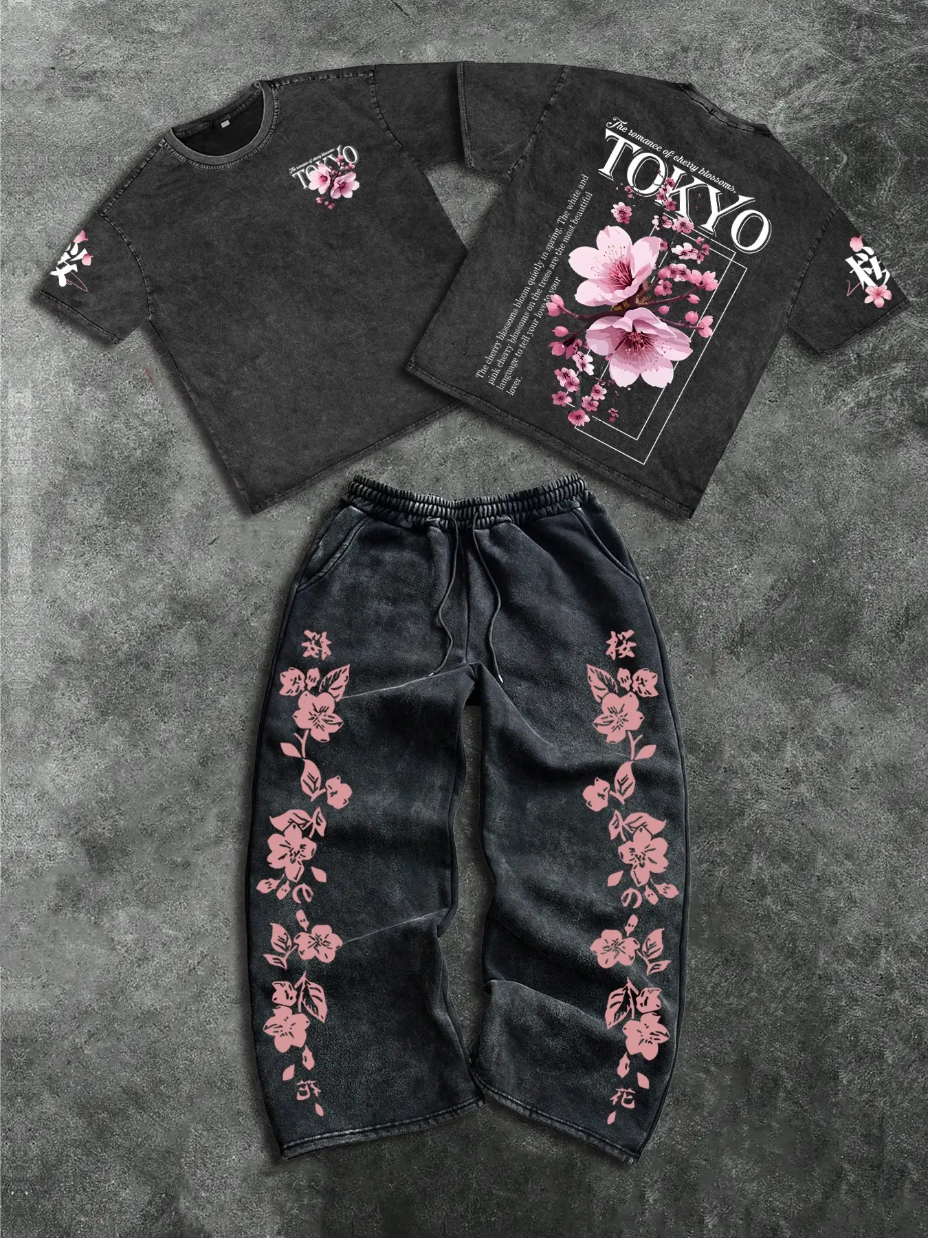 Men's Cotton Two-Piece Set Outfit, Tokyo Cherry Blossom Floral Print, Casual Loose-Fitting Round Neck Short Sleeve T-Shirt and Long Pants Trouser, Clothes, Casual Clothing Set