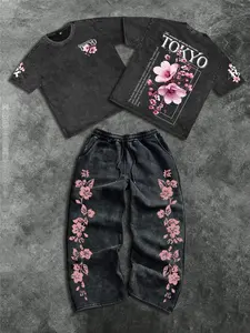 Men's Cotton Two-Piece Set, Tokyo Cherry Blossom Floral Print, Casual Loose-Fitting Round Neck Short Sleeve T-Shirt and Long Pants