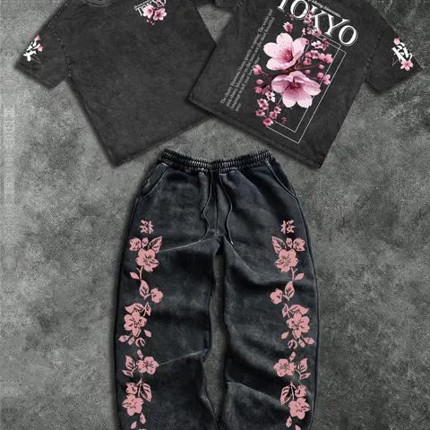 Men's Cotton Two-Piece Set Outfit, Tokyo Cherry Blossom Floral Print, Casual Loose-Fitting Round Neck Short Sleeve T-Shirt and Long Pants Trouser, Clothes, Casual Clothing Set