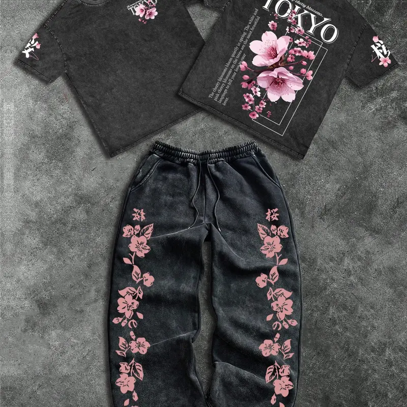 Men's Cotton Two-Piece Set Outfit, Tokyo Cherry Blossom Floral Print, Casual Loose-Fitting Round Neck Short Sleeve T-Shirt and Long Pants Trouser, Clothes, Casual Clothing Set