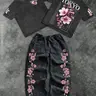 Men's Cotton Two-Piece Set Outfit, Tokyo Cherry Blossom Floral Print, Casual Loose-Fitting Round Neck Short Sleeve T-Shirt and Long Pants Trouser, Clothes, Casual Clothing Set