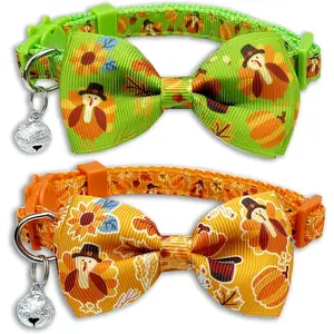2 Pack Thanksgiving Cat Collar with Bowtie and Bell, Kitty Kitten Fall Holiday Turkey and Pumpkin Collar for Boys Girls Male Females (Pattern 1)