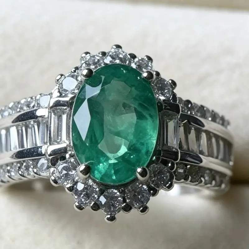 <PingEast jewelry > Emerald ring201——925 sterling silver wide band ring set with a 5×7 mm natural Colombian emerald, accompanied by a certificate