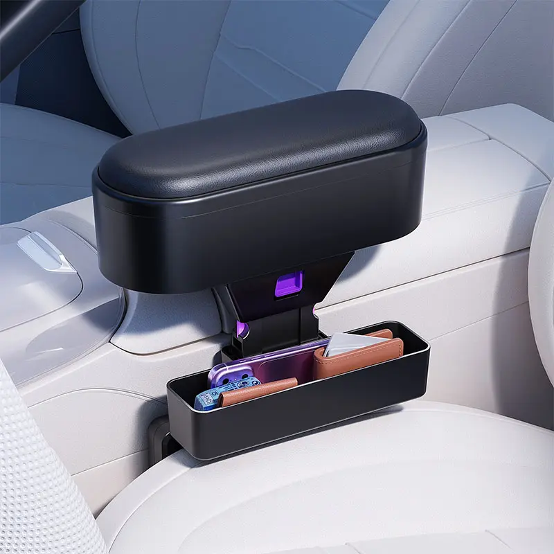 Car Armrest Storage Box, Car Seat Gap Filler Organizer, Adjustable Center Console Armrest Extender with Second Storage Tray, Height & Lateral Adjustable, Leather Pad Arm Rest for Most Car Models SUV Truck Black, Car Interior Accessories elbow pad