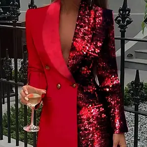 Wome Red half Sequins Blazer Dress for Special  Occasion Elegant Evening Sexy Womenswear Formal Outfit