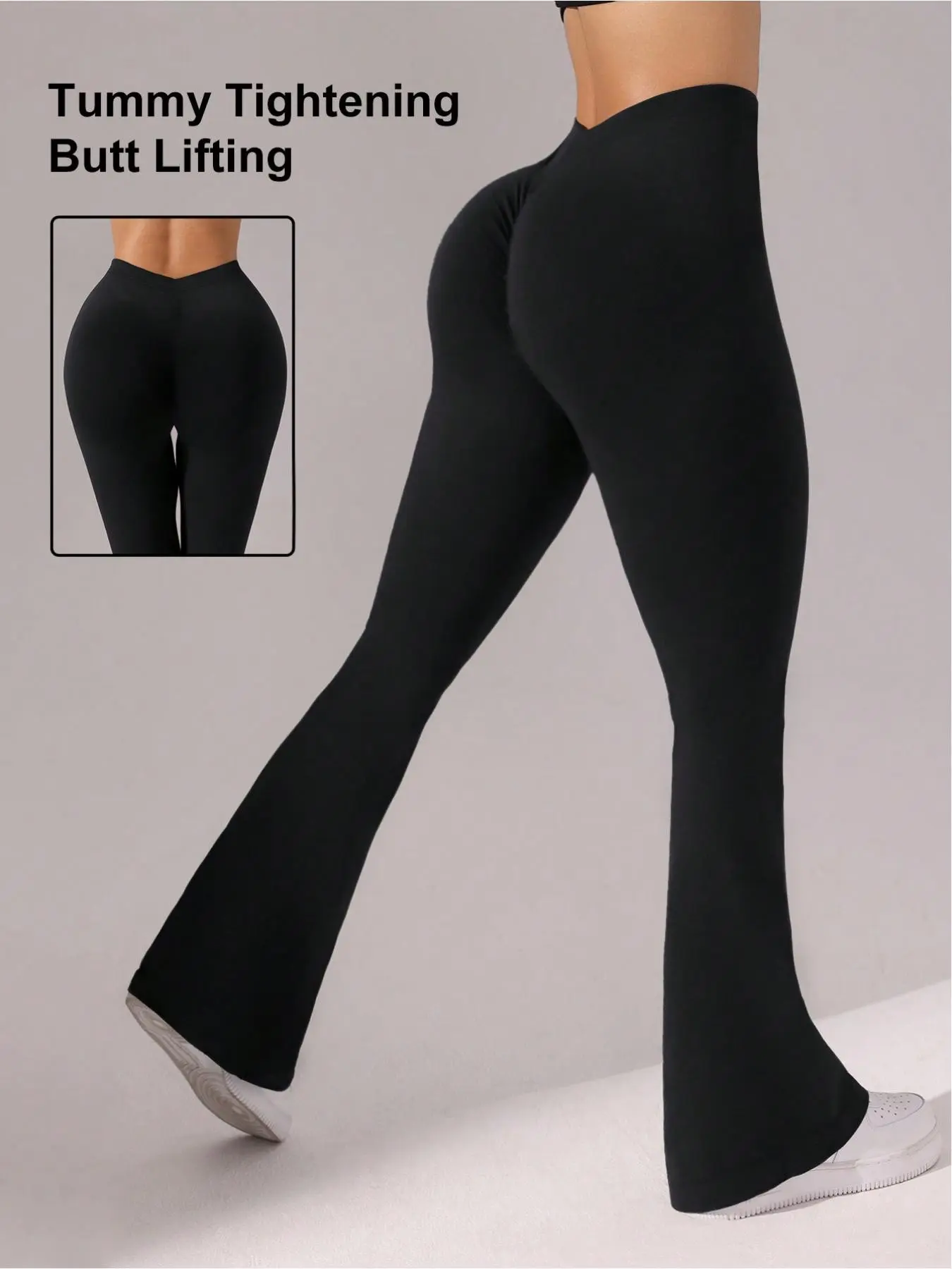 Elegant High Waist Back V Women's Flared Bell Bottom Pants, Spring Summer Fall Fashion, Stylish Ladies' Wide Leg Trousers, Casual Fitted Trousers, Fashion Casual Stretchy, Aesthetic, All Season Trousers