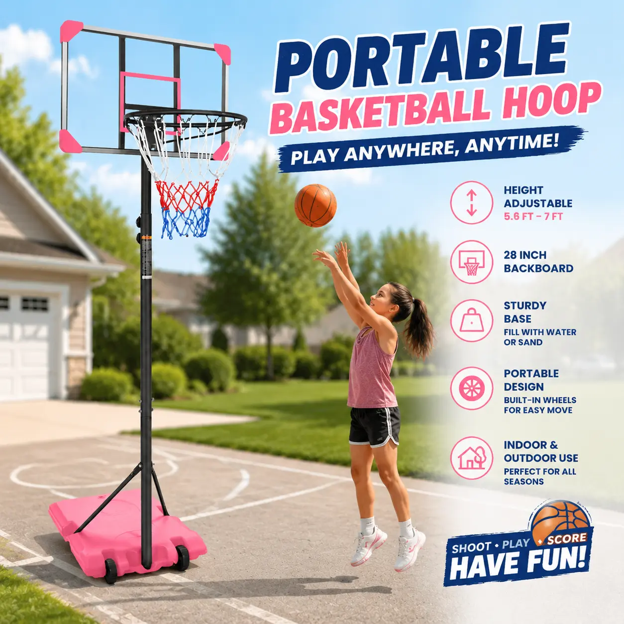 Pink Portable Basketball Goal System, Height Adjustable Basketball Hoop 5.6-7FT with Stable Base & Wheels, 28 Inch Shatterproof Backboard, Indoor Outdoor Basketball Game for Kids, Mini Basketball Equipment for Backyard Fun, Dad Toys & Family Sports