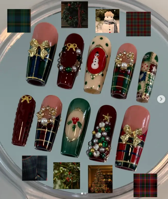 Christmas Plaid Press On Nails, Long Coffin Tartan Bow Snowman Pearl Nails, Green Red Holiday Party Nail Set, Gift for Her