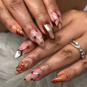 SHEDARES Warm Bloom – Handmade Amber & Copper Almond Press-On Nails with 3D Flower, Gold Frames & Crystal Accents – Luxury Reusable False Nails for Parties & Weddings