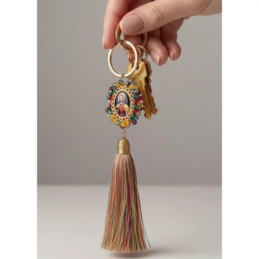 Sacred Heart Keychain with Colorful Beads & Tassel